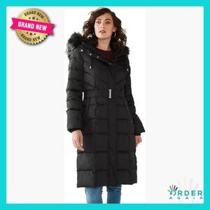 Belted Faux Fur Trim Hooded Maxi Puffer Coat Quilted Chic Winter Warm